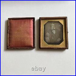 Antique Cased Daguerreotype Photograph Dapper Young Man Book/Bible Great Hair