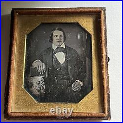 Antique Cased Daguerreotype Photograph Dapper Young Man Book/Bible Great Hair