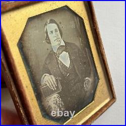 Antique Cased Daguerreotype Photograph Dapper Young Man Book/Bible Great Hair