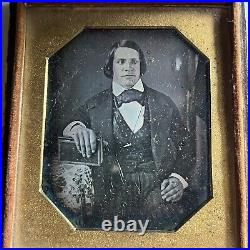 Antique Cased Daguerreotype Photograph Dapper Young Man Book/Bible Great Hair