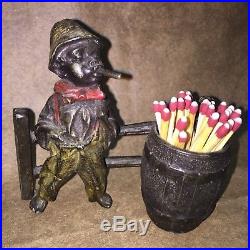Antique Cast Metal Black Boy Smoking Cigar Match Safe Memorabilia Excellent Cond