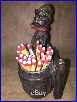 Antique Cast Metal Black Boy Smoking Cigar Match Safe Memorabilia Excellent Cond
