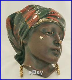Antique Chalkware Black Americana Lady Wall Plaque String Holder Hand Painted