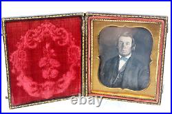 Antique Daguerreotype Photo Dapper Gent in Full Leather Case Girl Butterflies