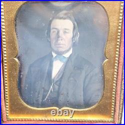 Antique Daguerreotype Photo Dapper Gent in Full Leather Case Girl Butterflies