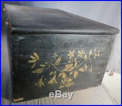 Antique Dovetailed Pine Wallpaper Box 1864 Signed Black yellow Gold Painted Wood