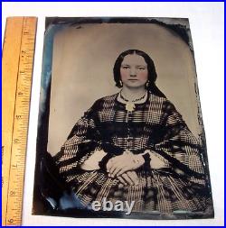 Antique Full Plate Tintype YOUNG WOMAN Gold Jewelry Brooch Earrings Plaid Dress