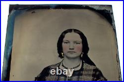 Antique Full Plate Tintype YOUNG WOMAN Gold Jewelry Brooch Earrings Plaid Dress