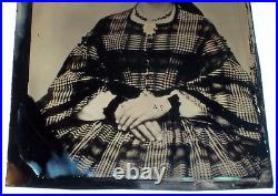 Antique Full Plate Tintype YOUNG WOMAN Gold Jewelry Brooch Earrings Plaid Dress