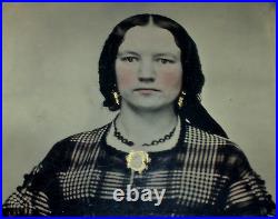 Antique Full Plate Tintype YOUNG WOMAN Gold Jewelry Brooch Earrings Plaid Dress