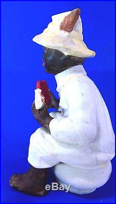 Antique German Parian Bisque Black Man on Potty 1900 Sign Ethnic Art Feather Hat