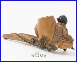 Antique Hand Carved Pipe American Folk Art Black Boy & Alligator Figural Pipe
