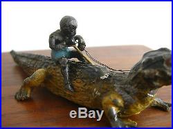 Antique Lead Cold Paint Vtg Black Americana Boy on Alligator Figurine Toy