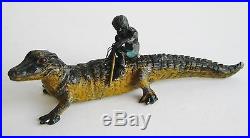 Antique Lead Cold Paint Vtg Black Americana Boy on Alligator Figurine Toy