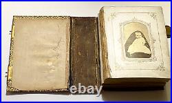 Antique MID 1800's Photo Album Leather Brass Gold Embossed 45 Photos Oberlin Oh