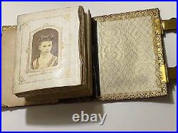 Antique MID 1800's Photo Album Leather Brass Gold Embossed 45 Photos Oberlin Oh