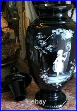 Antique Mary Gregory Black Urn with Lid, XIX C