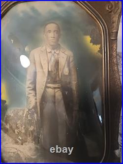 Antique Original African American Gentleman In Original Guilt Frame 18 1/2 × 12