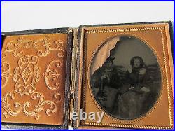 Antique Photograph Ambrotype Cased Couple Man Top Hat Cane Woman Wagon Outdoor