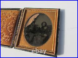 Antique Photograph Ambrotype Cased Couple Man Top Hat Cane Woman Wagon Outdoor