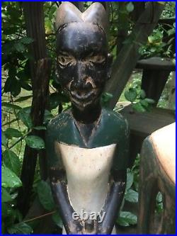 Antique Primitive Statue Folk Art Carving Sculpture Black Americana SET of 2j8