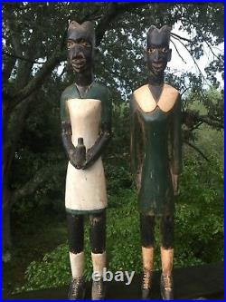 Antique Primitive Statue Folk Art Carving Sculpture Black Americana SET of 2j8