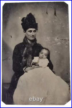 Antique Rare Tintype Photo White Victorian Woman Holding African American Baby