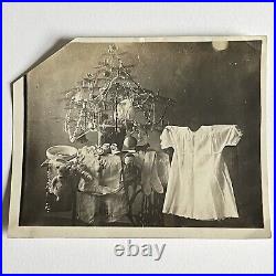 Antique Snapshot Photograph Little Girls First Christmas Tree Toy Elf Dress Odd