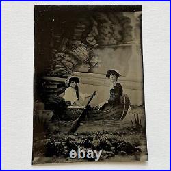 Antique Studio Tintype Photograph Beautiful Woman & Girl Row Boat ID Jones