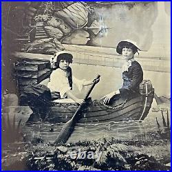 Antique Studio Tintype Photograph Beautiful Woman & Girl Row Boat ID Jones