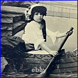 Antique Studio Tintype Photograph Beautiful Woman & Girl Row Boat ID Jones