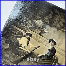 Antique Studio Tintype Photograph Beautiful Woman & Girl Row Boat ID Jones