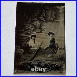 Antique Studio Tintype Photograph Beautiful Woman & Girl Row Boat ID Jones