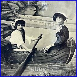 Antique Studio Tintype Photograph Beautiful Woman & Girl Row Boat ID Jones