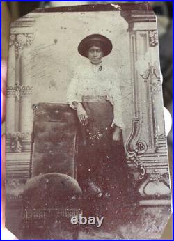 Antique Tintype Photo African American Lovely Lady in Hat Prairie