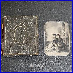 Antique Tintype Photo Girls Lock Of Hair Mourning Union Case 1800s 2 Woman READ