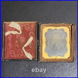 Antique Tintype Photo Girls Lock Of Hair Mourning Union Case 1800s 2 Woman READ