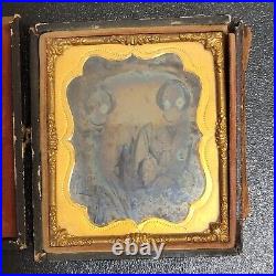 Antique Tintype Photo Girls Lock Of Hair Mourning Union Case 1800s 2 Woman READ