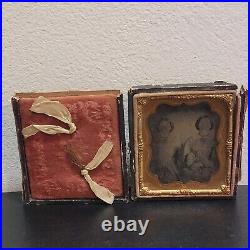 Antique Tintype Photo Girls Lock Of Hair Mourning Union Case 1800s 2 Woman READ