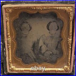 Antique Tintype Photo Girls Lock Of Hair Mourning Union Case 1800s 2 Woman READ