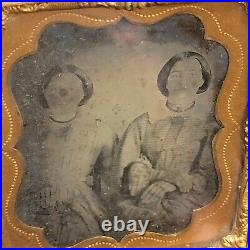 Antique Tintype Photo Girls Lock Of Hair Mourning Union Case 1800s 2 Woman READ