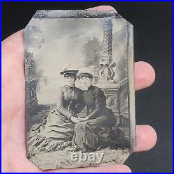 Antique Tintype Photo Girls Lock Of Hair Mourning Union Case 1800s 2 Woman READ