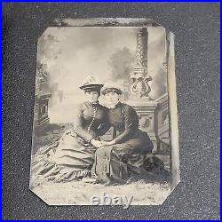 Antique Tintype Photo Girls Lock Of Hair Mourning Union Case 1800s 2 Woman READ