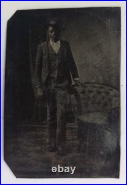 Antique Tintype Photo Handsome Victorian Black African American Man Fashion Hat