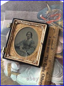 Antique Tintype Photo Light Eyed Beauty Hand Tinted Gilt Jewels Betsy Ross Case