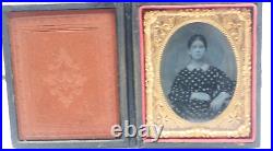 Antique Tintype Photo of Beautiful Young Irish Woman in Shamrock Dress Full Case
