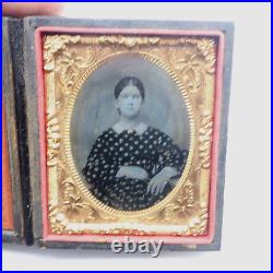 Antique Tintype Photo of Beautiful Young Irish Woman in Shamrock Dress Full Case
