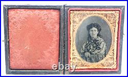 Antique Tintype Photo of Very Beautiful Young Woman Full Case