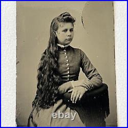 Antique Tintype Photograph Beautiful Young Woman Long Wavy Cascading Hair Odd