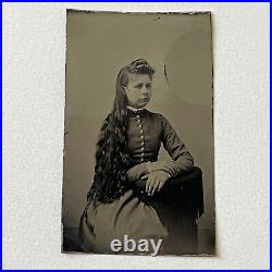 Antique Tintype Photograph Beautiful Young Woman Long Wavy Cascading Hair Odd